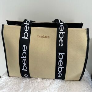 Bebe Beige Tote with Black Logo Straps NWT